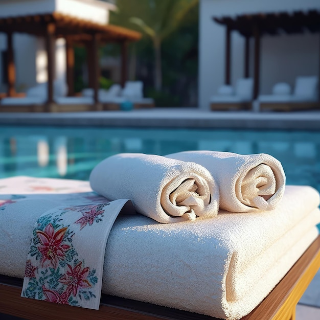 A pool with a towel on it and a flowered design on the towel.