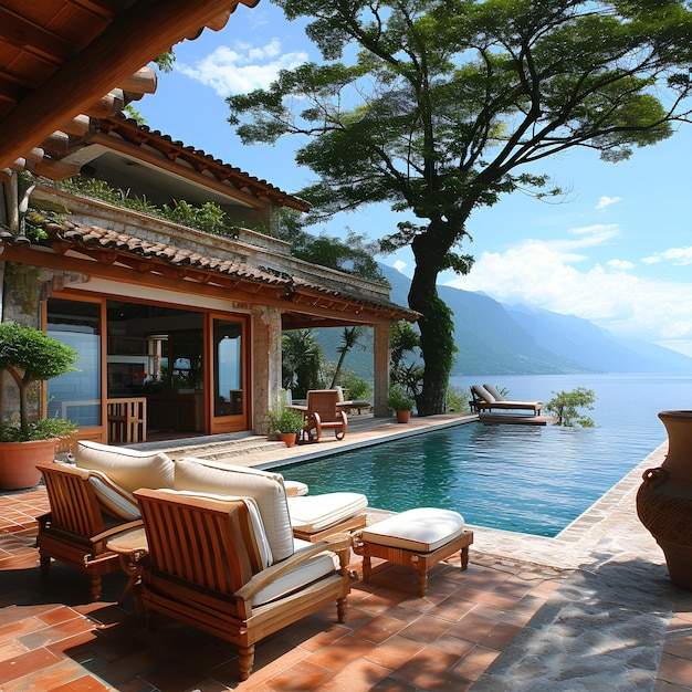 A pool with a tree and a chair