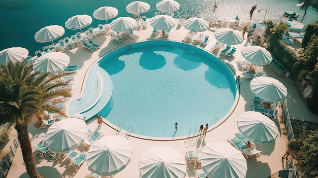 A pool with umbrellas and chairs around it