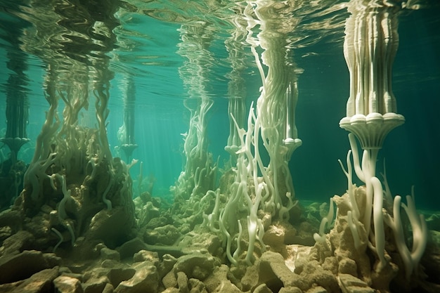 A pool with underwater sculptures