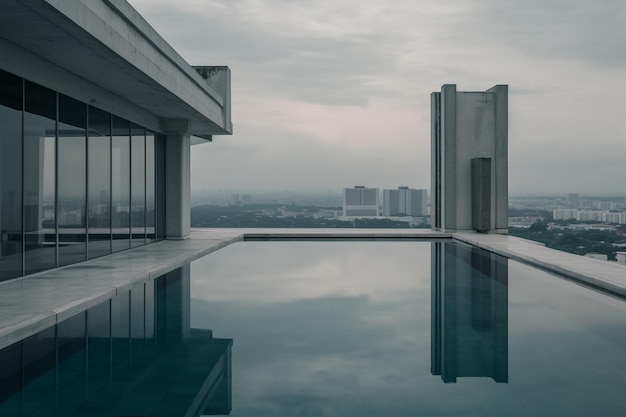 A pool with a view of the city in the background