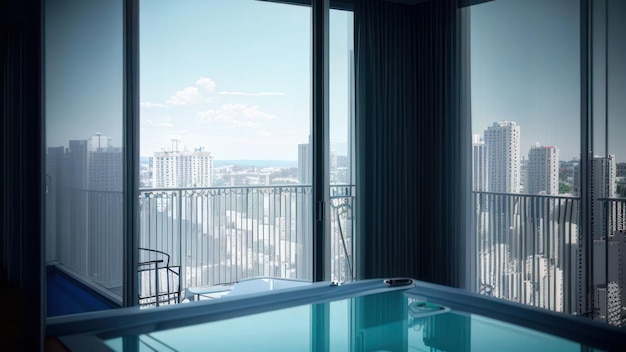 A pool with a view of the city skyline.