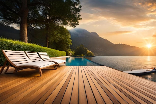 A pool with a view of the mountains in the background