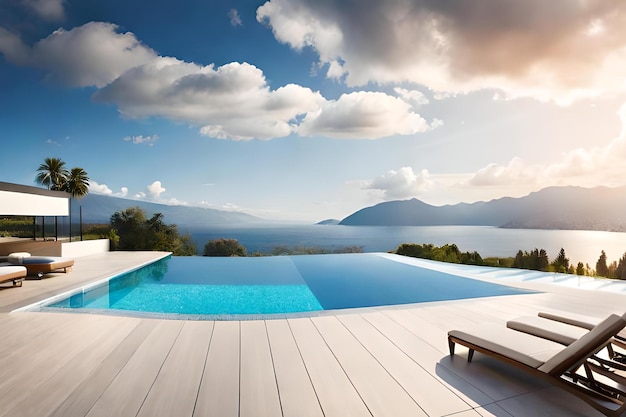 A pool with a view of the mountains in the background