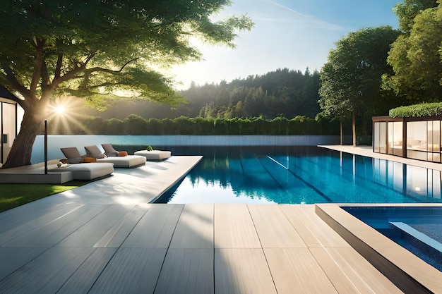 A pool with a view of the mountains in the background