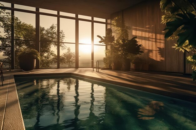 A pool with a view of the mountains in the background