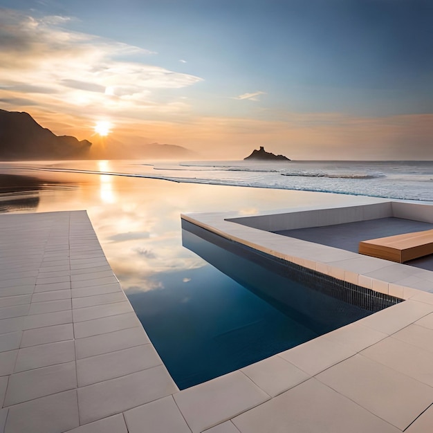 A pool with a view of the ocean and mountains in the background