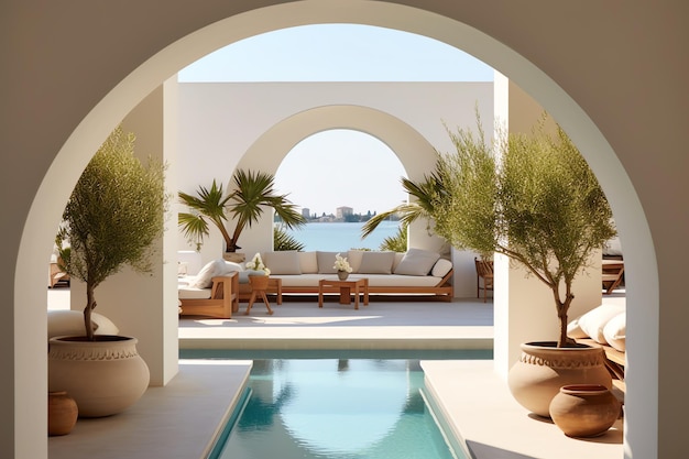 A pool with a view of the sea and palm trees