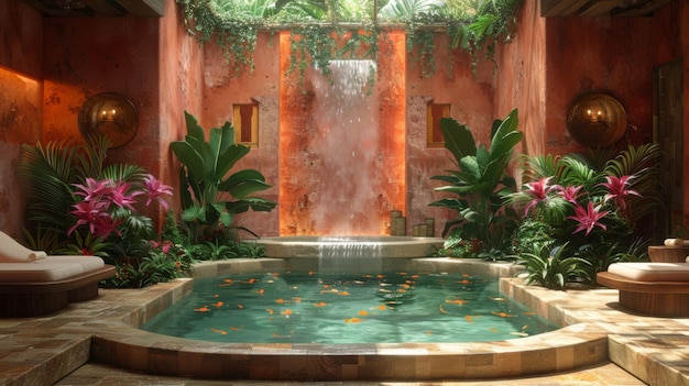 a pool with water and flowers and a waterfall in it