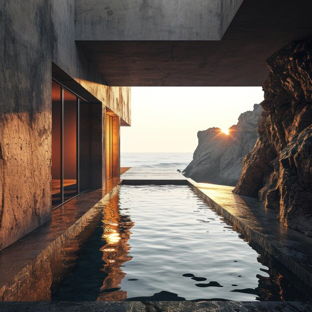 A pool with water in the middle of a building