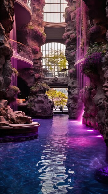 Photo a pool with a waterfall and a boat in it