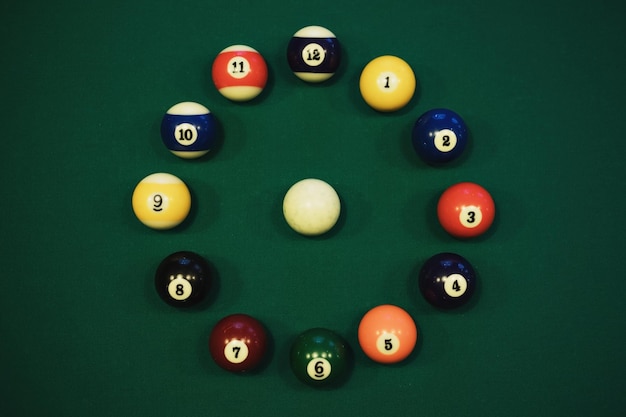 Poolballen in een cirkel als een wijzerplaat