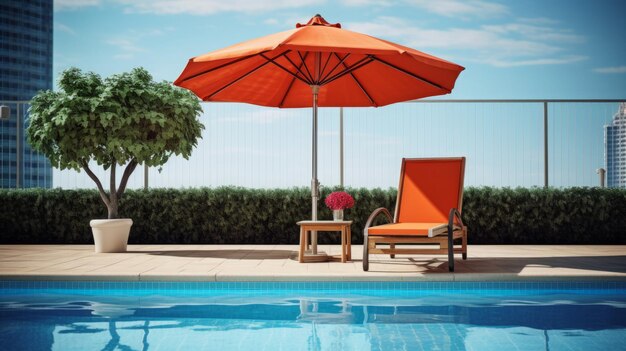 Poolside Chair and Umbrella Under Clear Sky