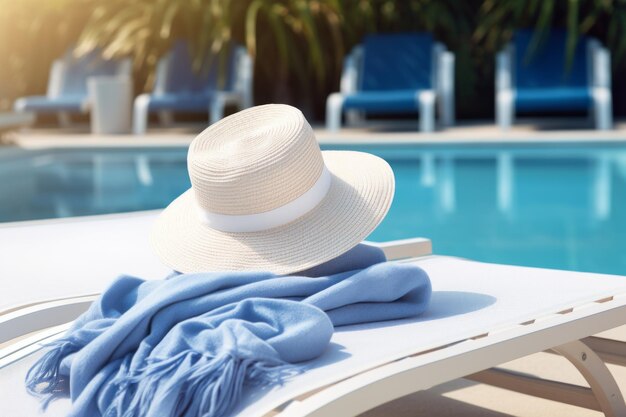 Poolside relaxation mockup with a sunhat