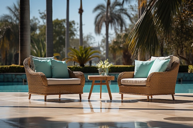 Poolside Relaxation Wicker Lounge Chairs in Stylish Stock Photo