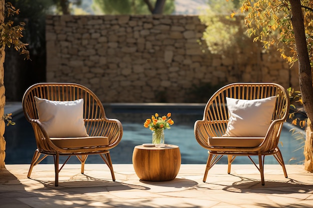 Poolside Relaxation Wicker Lounge Chairs in Stylish Stock Photo