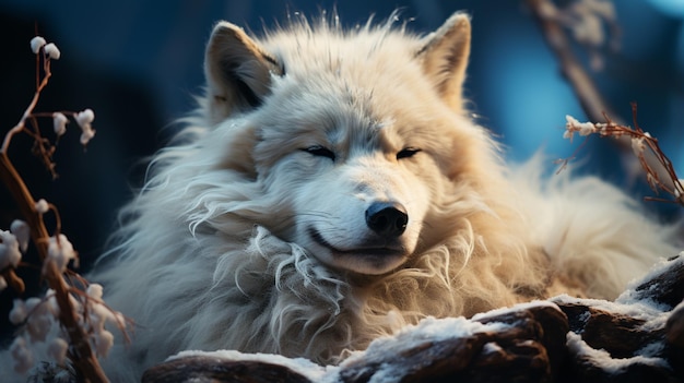 Poolwolf slaapt 's nachts op een heuvel in het maanlicht witte wolf Generatieve AI