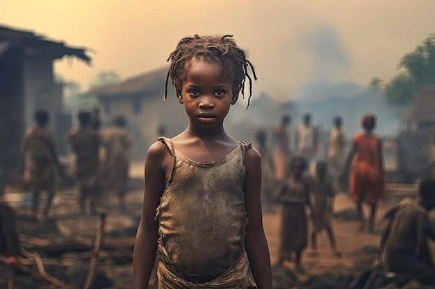 Poor African girl in front of her village Social problems poverty