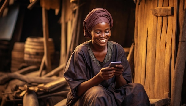 Foto povera donna africana che guarda sul suo cellulare nella baraccopoli donna senzatetto che gioca con