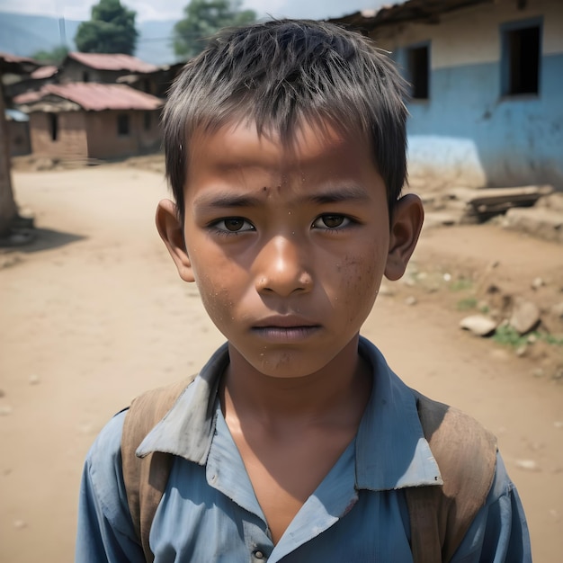 写真 貧しいアジアの村の少年