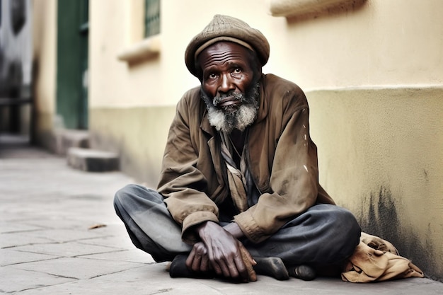 Poor beggar homeless man on a city street The social problem of hunger and unemployment AI generated