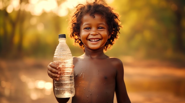 Poor beggar hungry smiling black child in Africa thirsty to drink water from a plastic bottle