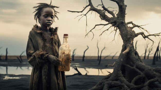 Photo a poor beggarly hungry child in africa thirsty to drink water against the backdrop of dried trees wh