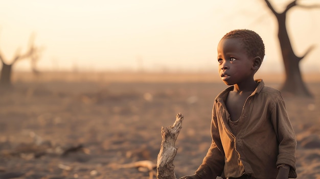 A poor beggarly hungry child in Africa thirsty to drink water against the backdrop of dried trees wh