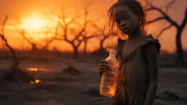 Photo a poor beggarly hungry child in africa thirsty to drink water against the backdrop of dried trees wh