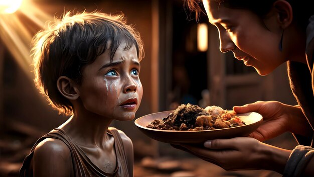 Photo poor child charity feeding a lonely hungry boy community care concept