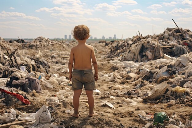 The poor child is standing on a smoking dump on the outskirts