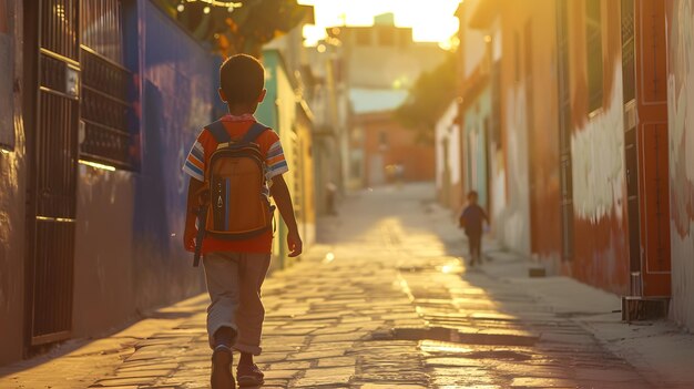 Photo poor darkhaired 8yearold latin boy walks down the street on his way to study back to generative ai