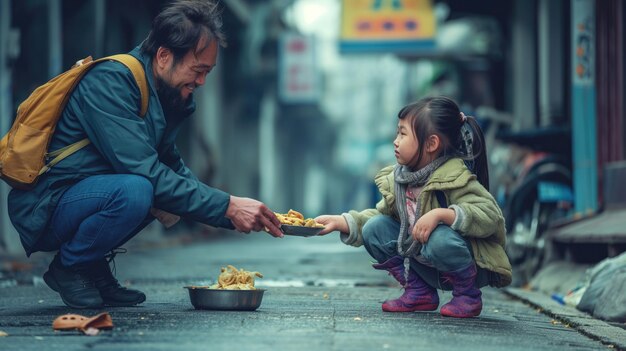 Photo poor homeless asian man and a child little girl on dirty streets sharing food