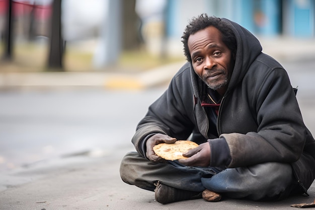 フード付きの暖かいジャケットを着たアフリカ風の貧しいホームレスが路上でパンを食べている