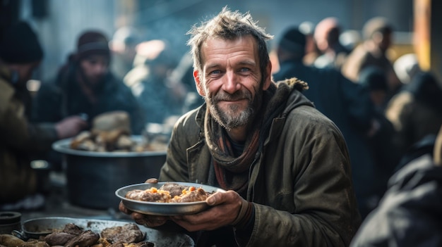 Photo poor homeless man with hot food in warming center