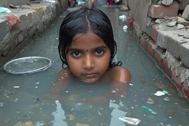 Бедные индийские дети купаются в канализации в деревне.