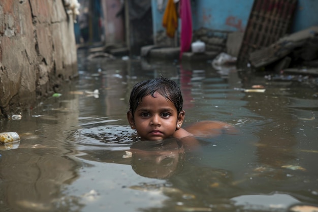 Poor Indian children bathe in the sewage water drain in the village