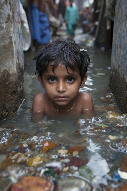 村の下水排水溝で沐浴する貧しいインドの子供たち