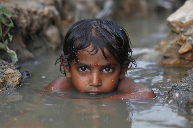 Poor Indian children bathe in the sewage water drain in the village