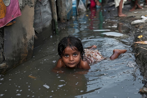 貧しいインディアンの子供たちが村の下水道で風呂を浴びる