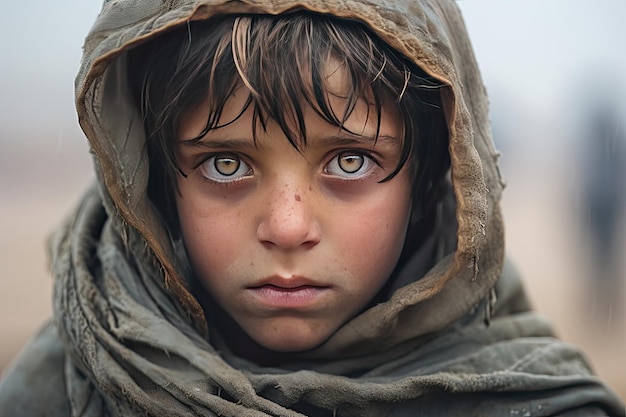 난민 캠프에 있는 가난하고 주린 고아 소년은 슬픈 표정으로 얼굴과 옷이 더럽고 눈이 고통으로 가득 차 있다.