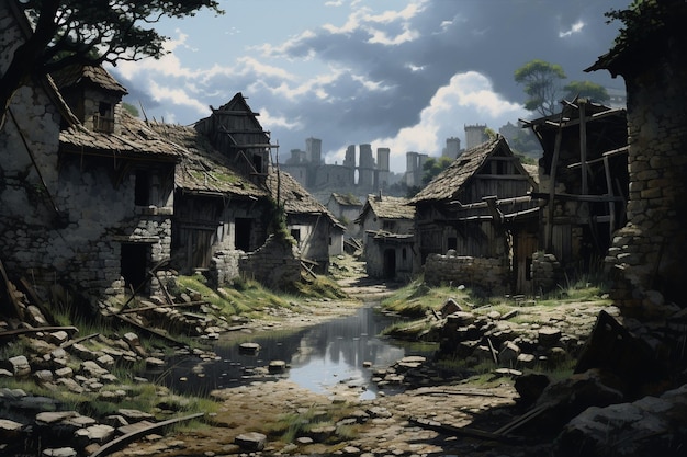 Poor village and ruined houses