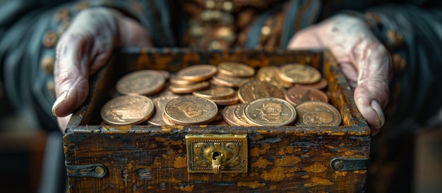 poor woman donating two copper coins to a wooden box