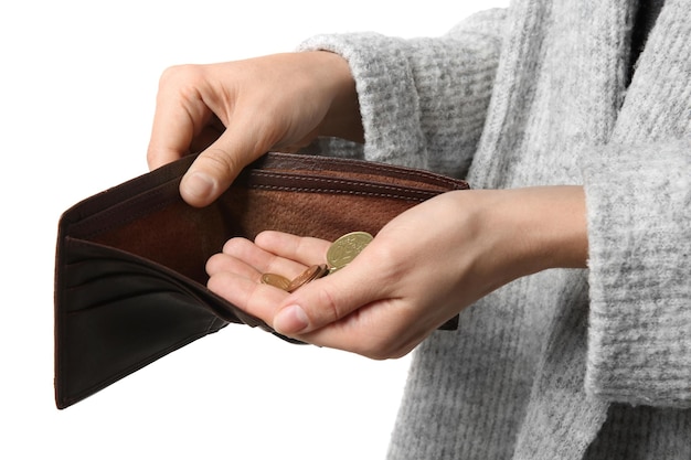 흰색 바탕에 동전이 든 지갑을 들고 있는 가난한 여자