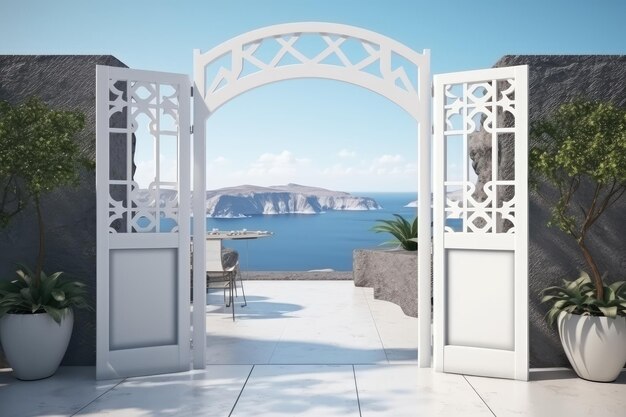 Poort in Santorini-stijl open voor het strand en uitzicht op zee
