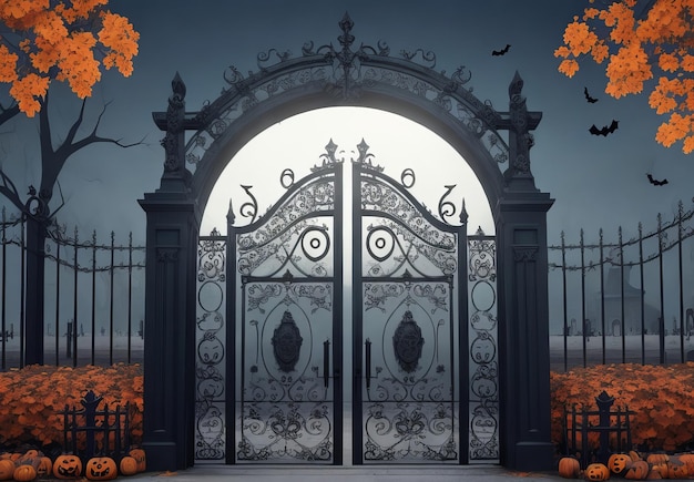 Foto poort met halloween-thema achtergrond angstaanjagende begraafplaatspoort generatieve ai