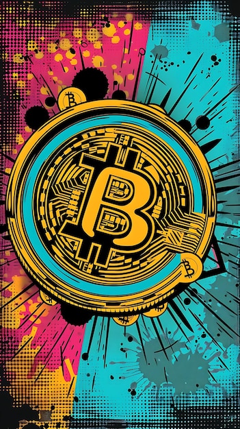 Photo pop art 2d poster with bitcoin and comic book decoration wit photo of trending poster background