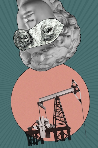 Pop art collage with antique statue head and industrial objects and dollar bill details surreal