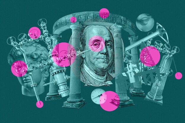 Pop art collage with antique statue head industrial objects and portrait benjamin franklin from the