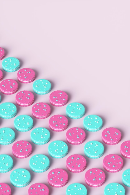 Поп-арт цветные сладкие печенья на розовом фоне. 3D визуализация иллюстрации.